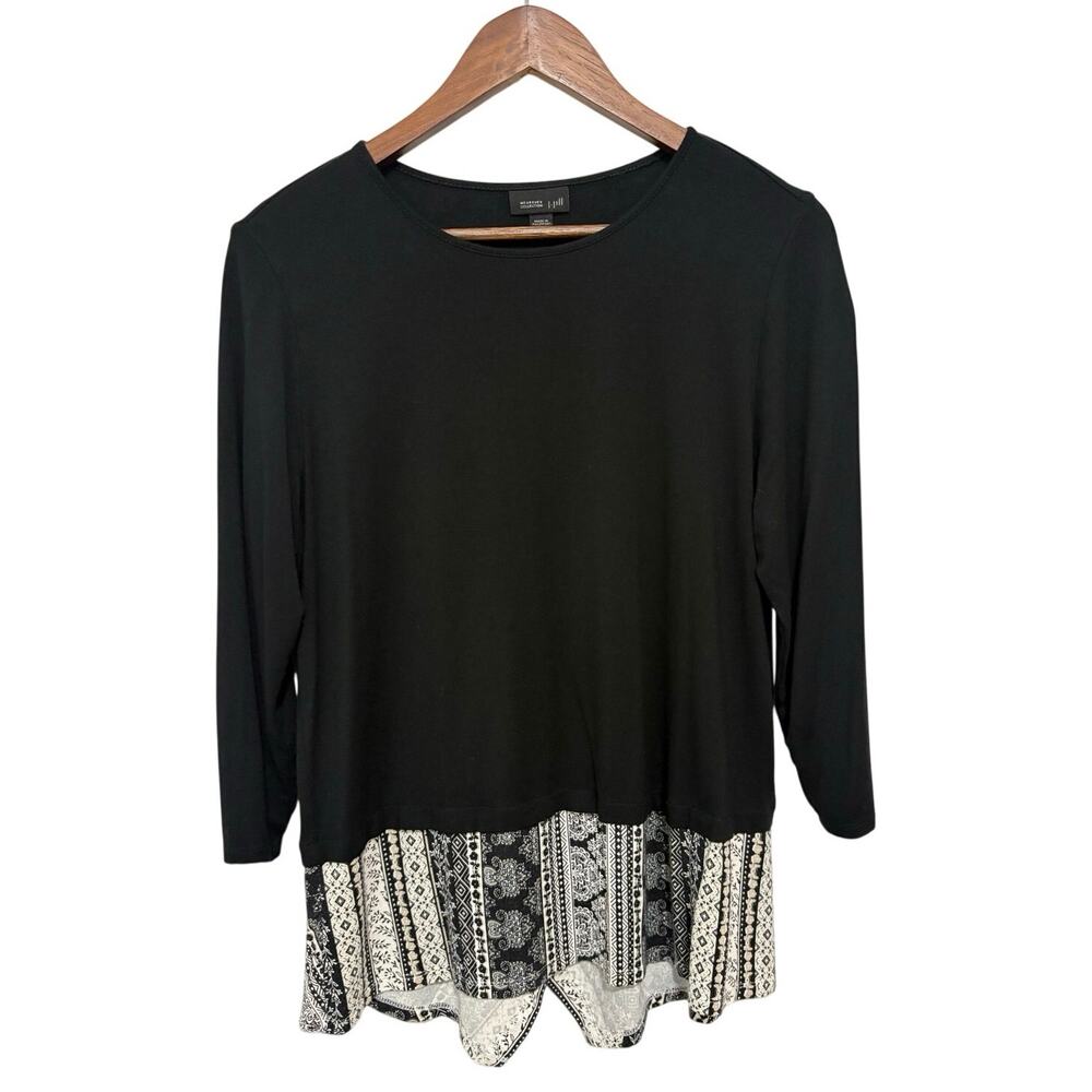 J Jill Wearever Womens M Black Long Sleeve Tunic Top Geometric Layered Hem